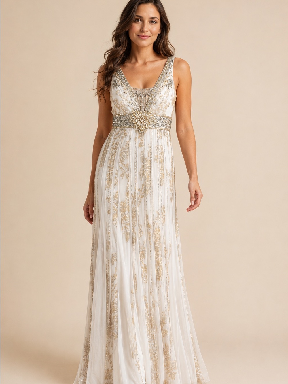 Sue Wong White and Gold Beaded Maxi Gown